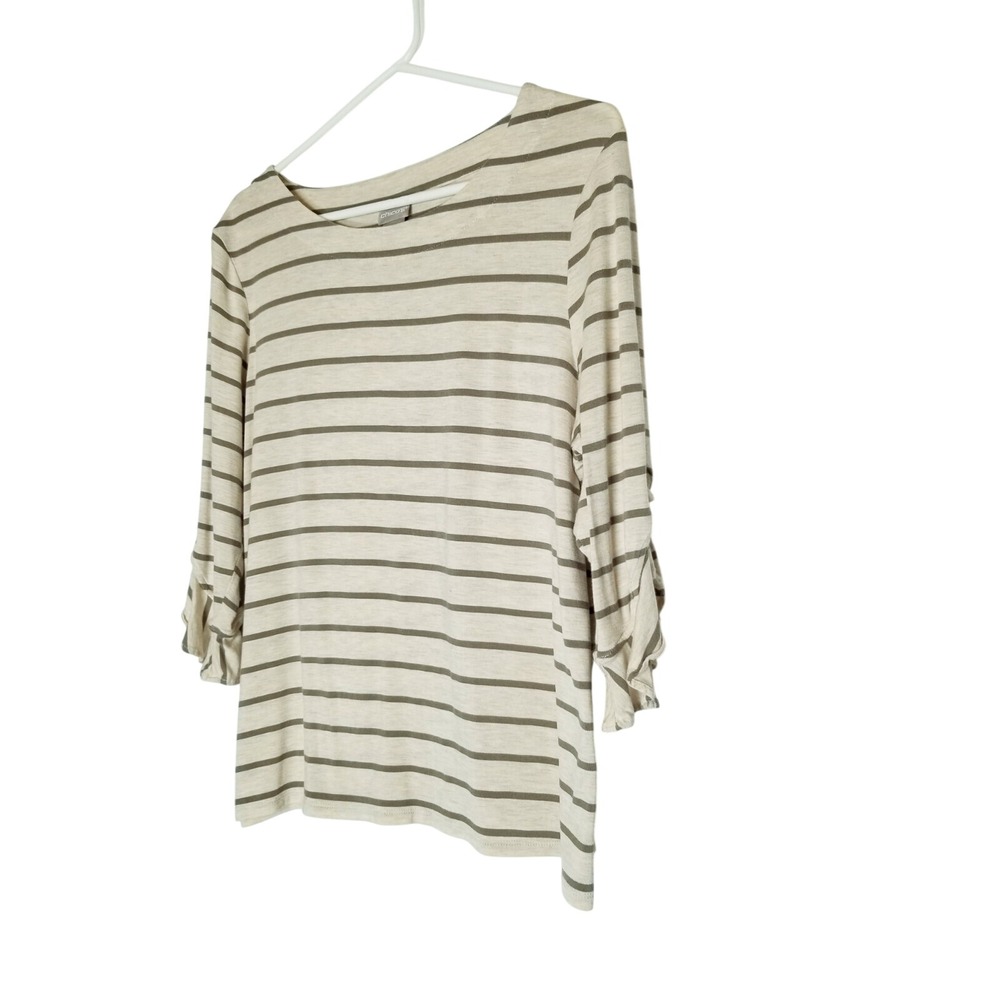 Chicos Striped 3/4 Sleeve Top Casual Comfort Tunic Shirt 2P LP Businessā Ruffle